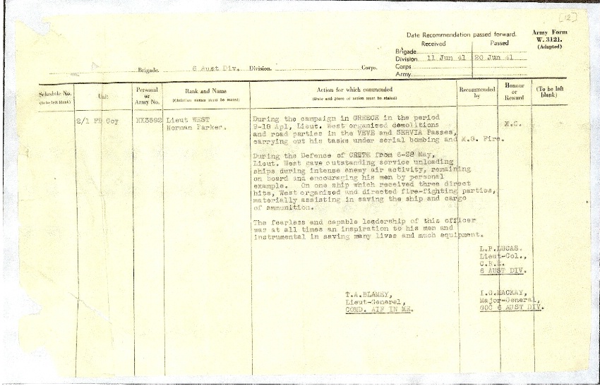 1941 Norman Parker West Military Cross citation